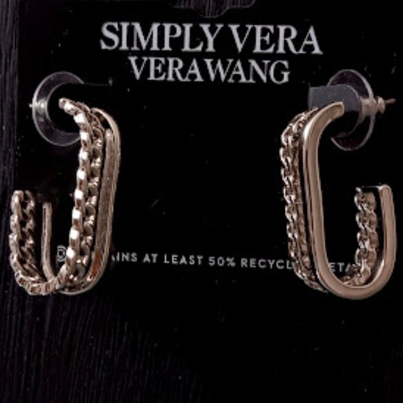 VERA WANG Rocker Chic Silver Square Oval Smooth & Curb Chain Link Hoop Earrings - Picture 1 of 3